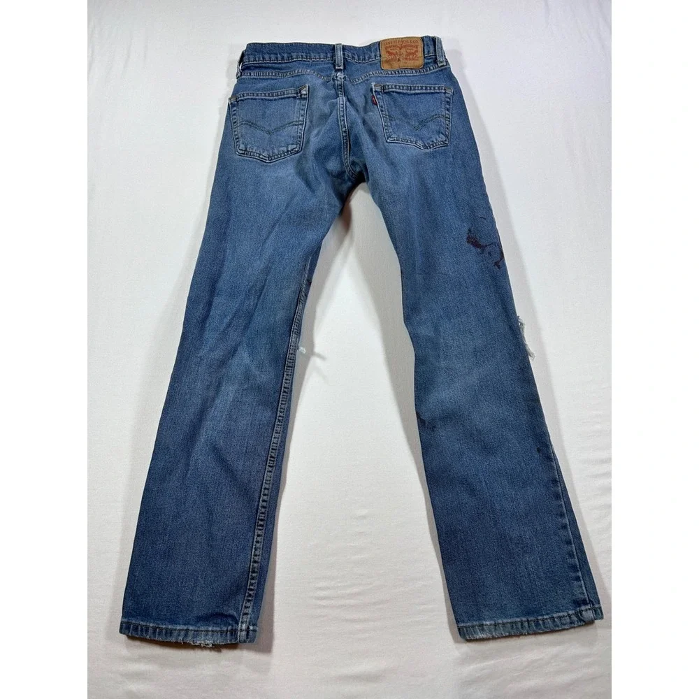 Levis 514 Straight Fit Distressed Blue Jeans 29x30 Splatter Paint Blown Out Knee